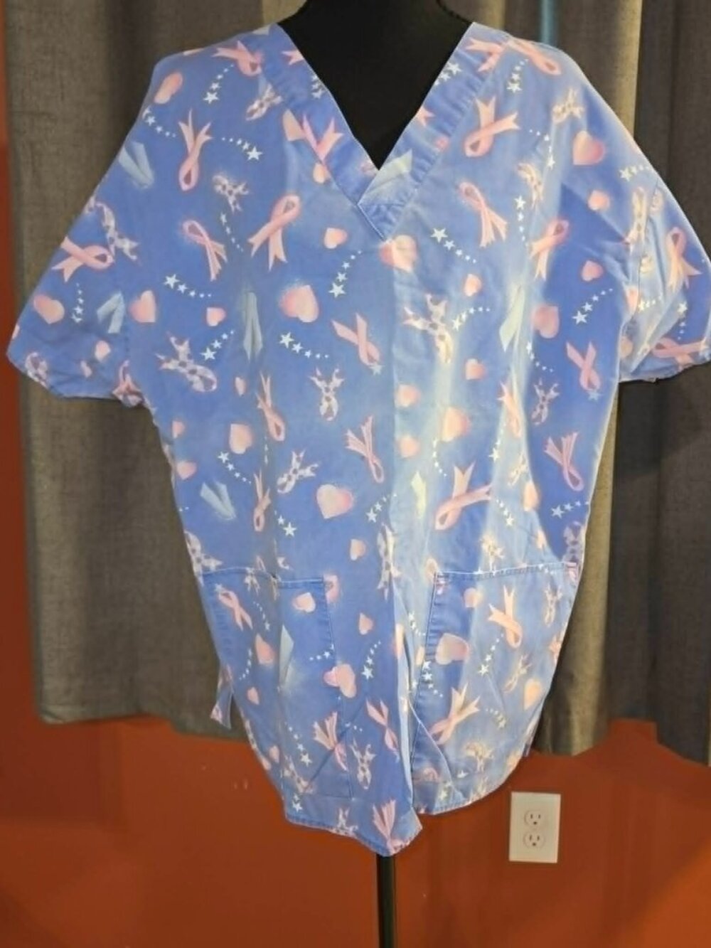Scrubland Pink Ribbon Breast Cancer Awareness V Neck Scrub Top